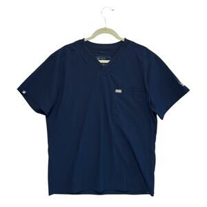 FIGS Leon Three Pocket Scrub Top Men's Sz L Navy Embroidered Sleeve Rock Fun